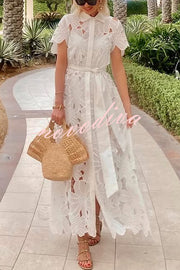 Dubai Style Floral Crochet Lace Short Sleeve Tie-up Shirt Maxi Dress