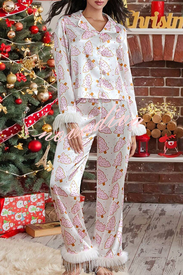 Christmas Print Feather Trim Elastic Waist Pocket Pajama Set