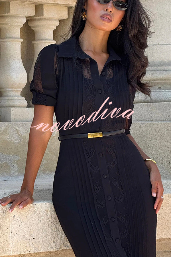 Lysette Lace Trim Pleated Button Up Short Sleeve Shirt Midi Dress