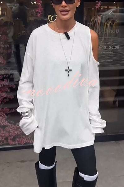 Various Ways Cutout Shoulder Long Sleeve Side Button Relaxed T-shirts