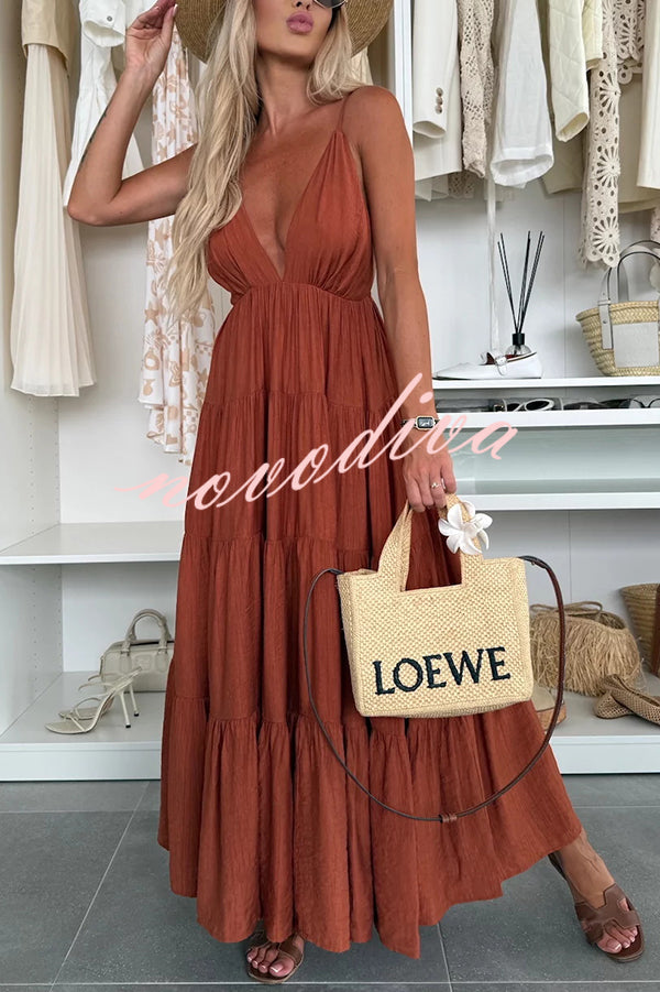 Bohemian Style V-neck Backless Slip Layered Vacation Maxi Dress