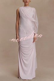 Fashionable Mesh Shawl Sleeveless Slim Fit Pleated Maxi Dress
