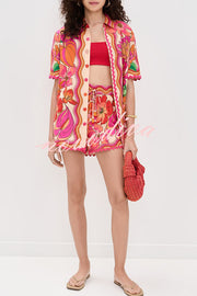 Neima Unique Print Wave Trim Button Up Short Sleeve Shirt and Elastic Waist Pocket Loose Shorts Set