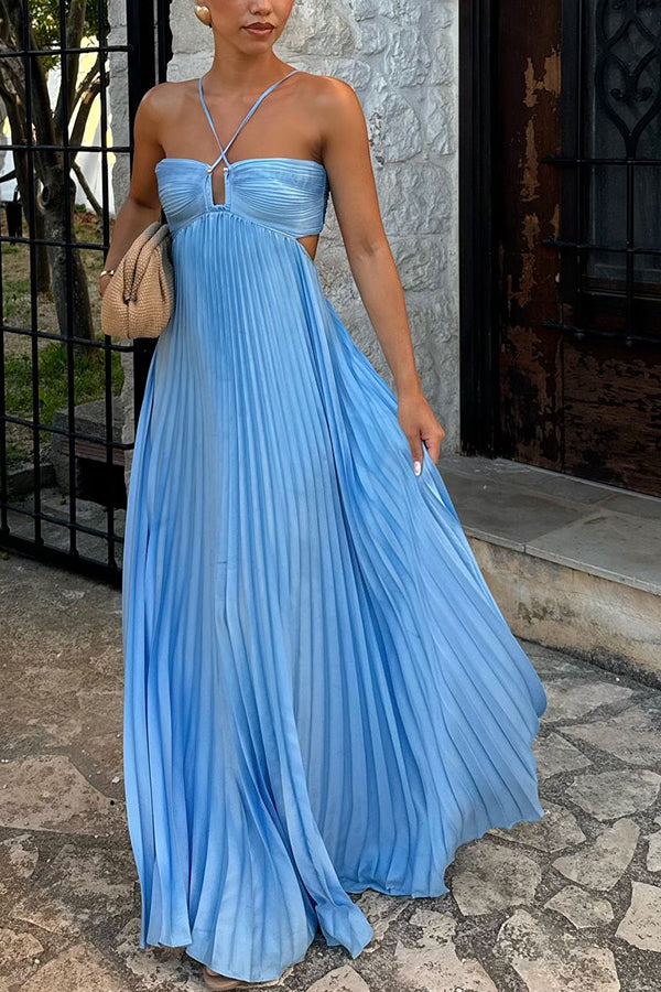 Caught Your Eyes Satin Pleated Cross Straps Cutout Flowing Maxi Dress