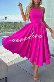 Sweet Cascade Solid Color Off Shoulder Pocket Full Hem Midi Dress
