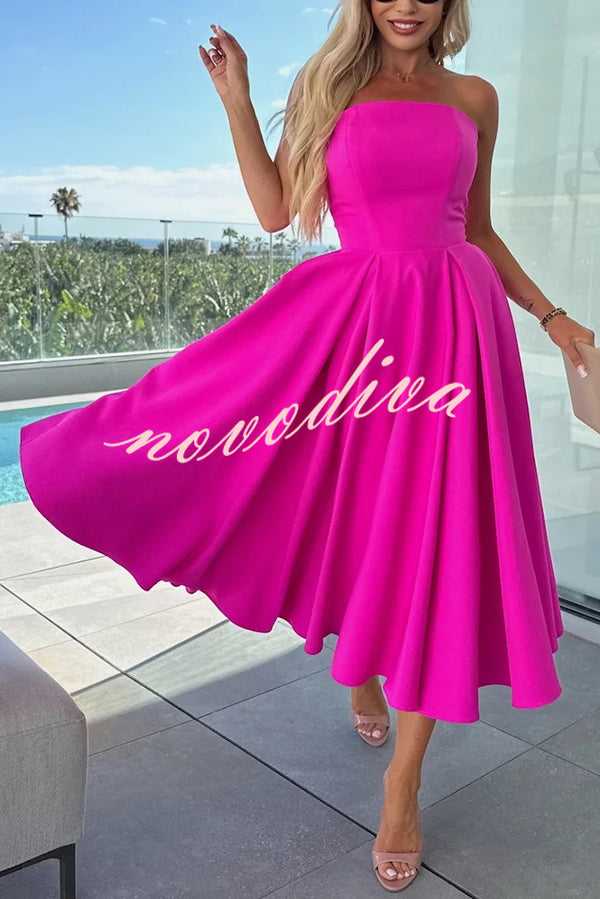 Sweet Cascade Solid Color Off Shoulder Pocket Full Hem Midi Dress