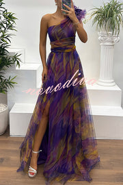 Charming Embrace Tulle Floral Pleated One Shoulder Slit Maxi Dress