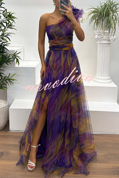 Charming Embrace Tulle Floral Pleated One Shoulder Slit Maxi Dress