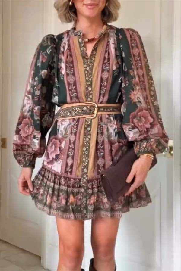 Brazilian Style Unique Floral Print Puff Sleeve Belted Pleated Hem Mini Dress