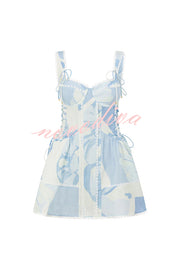 Avere Linen Blend Unique Print Scallop Trim Side Lace-up Mini Dress