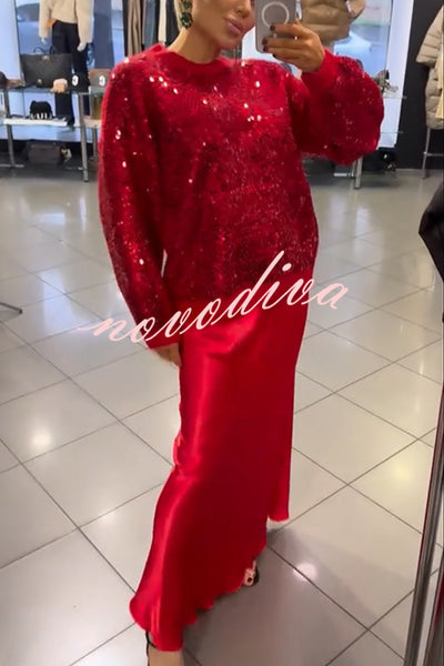 Celebration Day Sequin Patchwork Loose Sweatshirt and Satin Elastic Waist Maxi Skirt Set