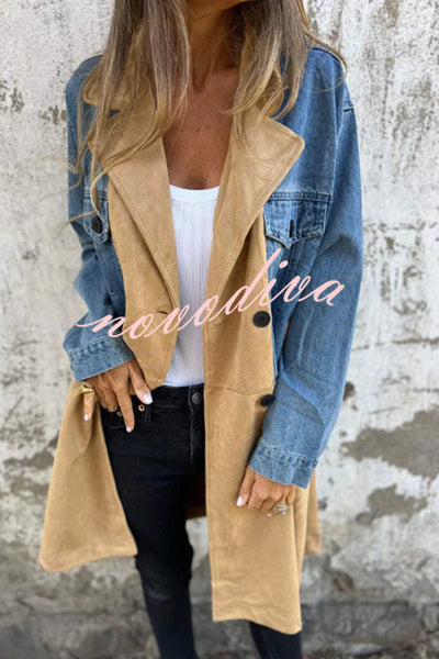 Fashion Lapel Long Sleeve Pocket Mid-length Denim Patchwork Jacket