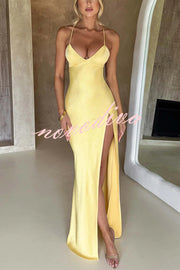 Satin Solid Color Sexy Backless Lace Up High Slit Maxi Dress