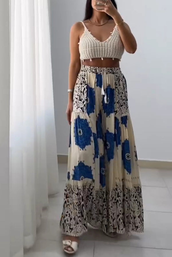 Unique Print Elastic High Waist Tie Pocket Holiday Style Wide Leg Pants