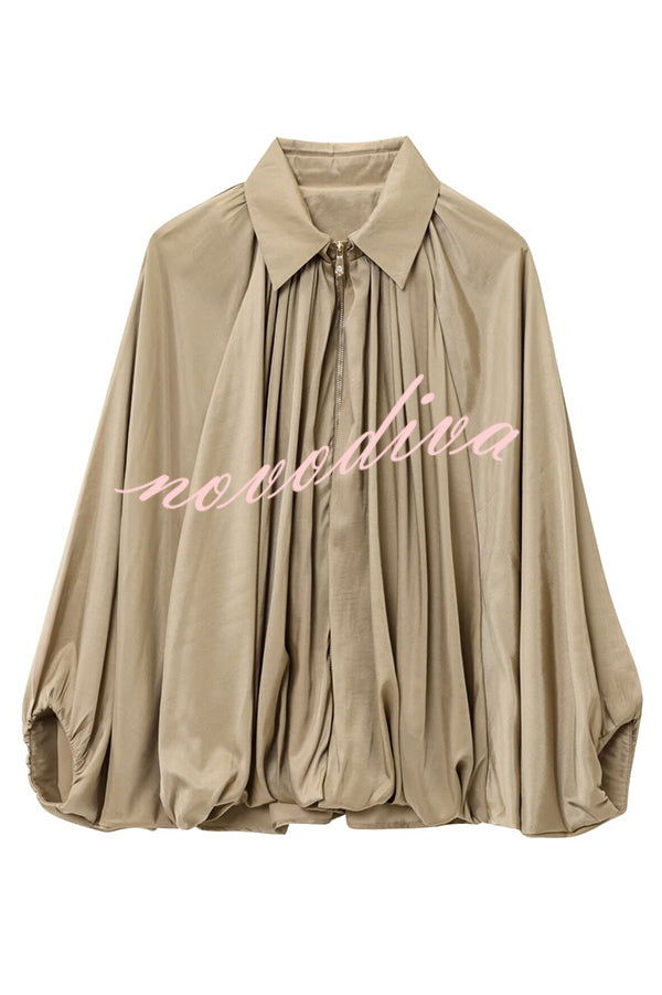 Fashion Lapel Loose Puff Long Sleeve Casual Zipper Jacket