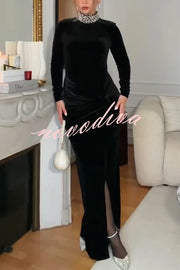 Love Lost Velvet Embellished High Neck Long Sleeve Twist Slit Maxi Dress