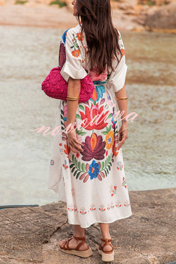 Plant Print Lapel Short Sleeve Waist Tie Loose Vacation Midi Dress