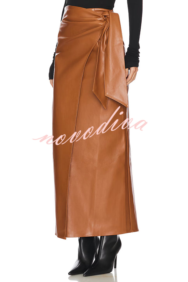 Snappy Casual Slay Faux Leather High Rise Wrap Tie-up Stretch Maxi Skirt