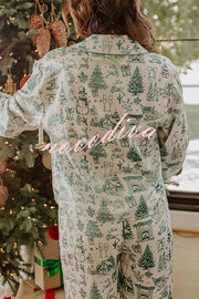 Christmas Night Satin Loose Shirt and Elastic Waist Pocketed Pajama Set