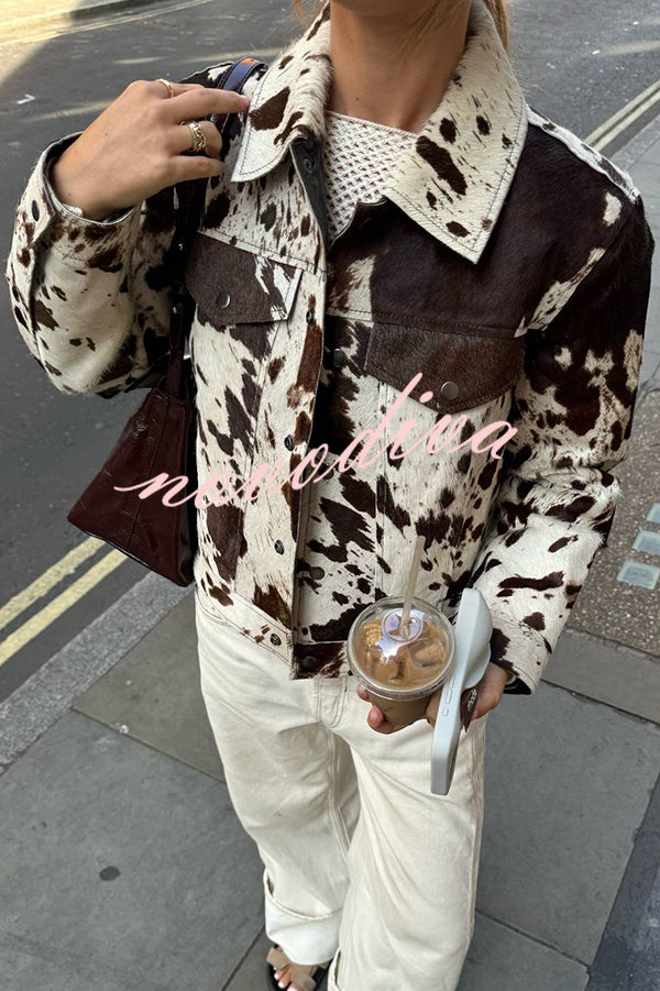 Fashionable Irregular Cow Pattern Lapel Short Jacket