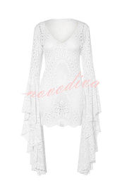 Coachella Time Unique Lace Pattern Oversized Bell Sleeve Stretch Mini Dress