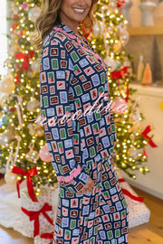 Postcards To Santa Unique Print Ruffles Trim Pocket Shirt and Elastic Waist Pajama Set