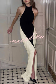 Fashionable Contrast Color Open Back Side Pleated Draped Maxi Dress