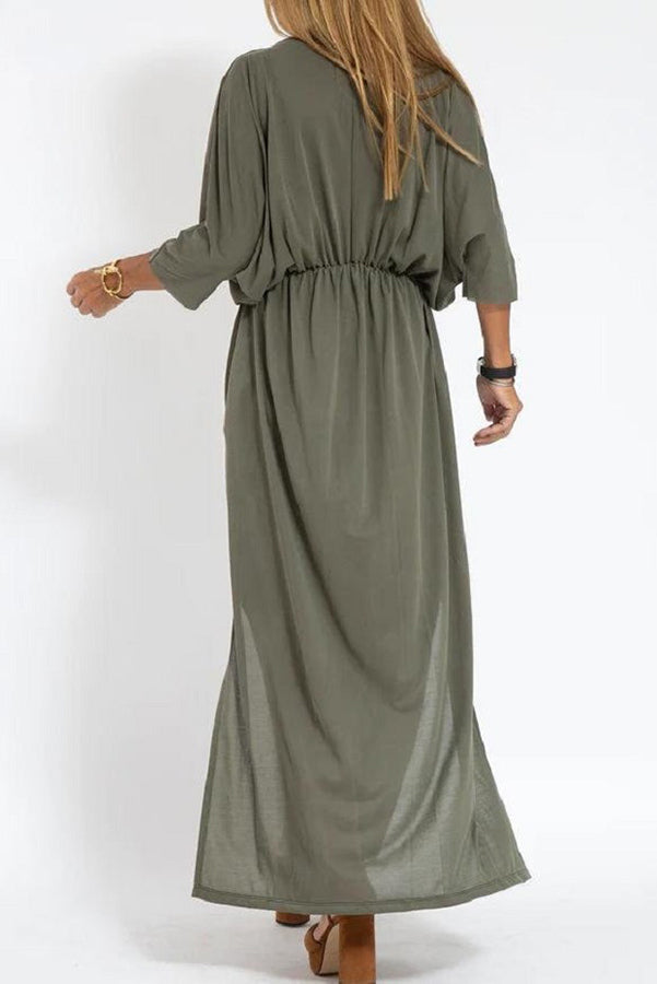 Ultimate Comfort Elastic Waist Half Sleeve Pocketed Slit Maxi Dress