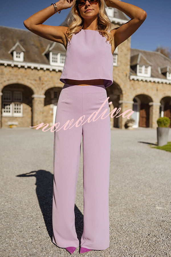 Modern and Elegant Solid Crop Tank and High Rise Flare Loose Pants Set