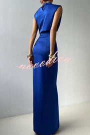 Solid Color Casual Sleeveless Crop Top and Elegant Button-down Maxi Skirt Set