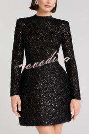 Edie Sequin High Neck Long Sleeve Satin Bow Belted Tulip Mini Dress