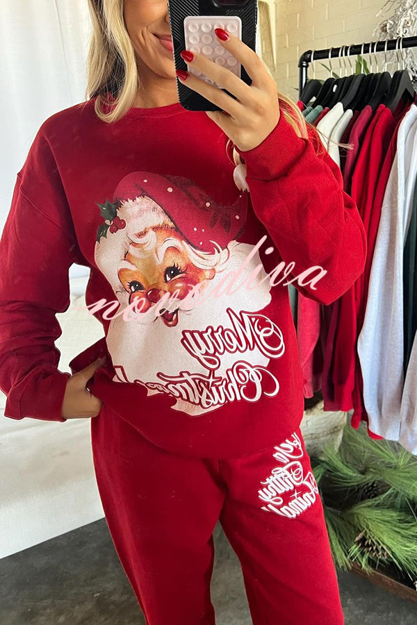 Christmas Santa Print Loose Round Neck Sweatshirt and Elastic Waist Casual Pants Set