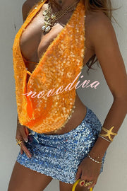 Mermaid Princess Sequins Cowl Neck Halter Backless Top