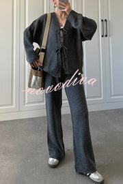 Solid Color V-neck Tie Long-sleeved Loose Knit Cardigan and Elastic Waist Casual Straight Leg Pants Set