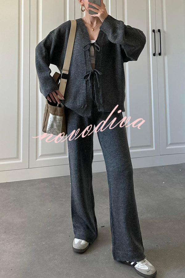 Solid Color V-neck Tie Long-sleeved Loose Knit Cardigan and Elastic Waist Casual Straight Leg Pants Set