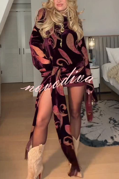 Night Out Velvet Paisley Print Long Sleeve Tie-up Tassel Loose Mini Dress
