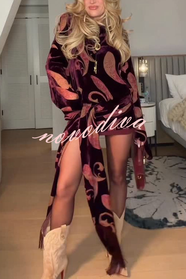 Night Out Velvet Paisley Print Long Sleeve Tie-up Tassel Loose Mini Dress