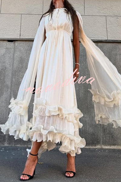 Fashionable V-neck Lace-up Ruffled Double-layer Hem Maxi Dress