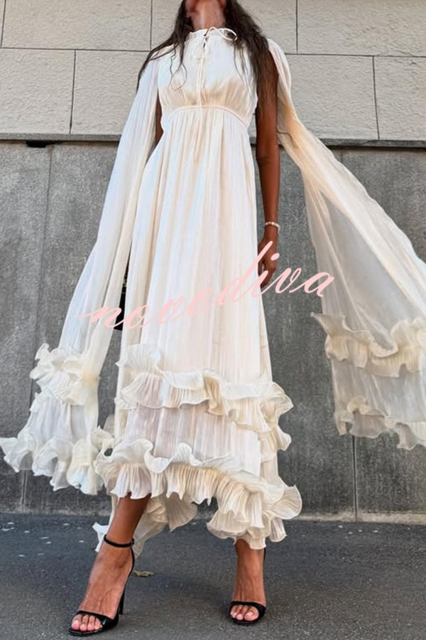Fashionable V-neck Lace-up Ruffled Double-layer Hem Maxi Dress