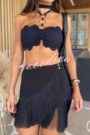 Solid Color Halter Neck Tassel Skirt Stretch Two-piece Bikini Swimsuit