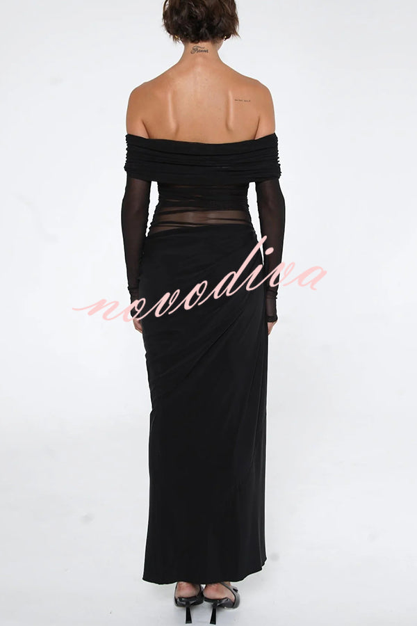 Exquisite Sexy Mesh Patchwork Off Shoulder Cutout Ruched Maxi Dress