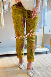 Floral Print Elastic Waist Casual Pocket Pants