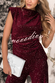 Stylish Sparkly Velvet Sequin Sleeveless Pleated Top and Casual Wide-leg Pants Set