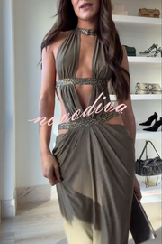 Khaki Hot-fix Rhinestone Shoulder Strap Cutout Design Backless Drape Maxi Dress