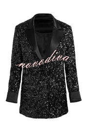 Sparkle Season Sequin Satin Long Sleeve Lapel Formal Party Blazer