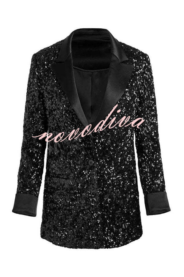 Sparkle Season Sequin Satin Long Sleeve Lapel Formal Party Blazer