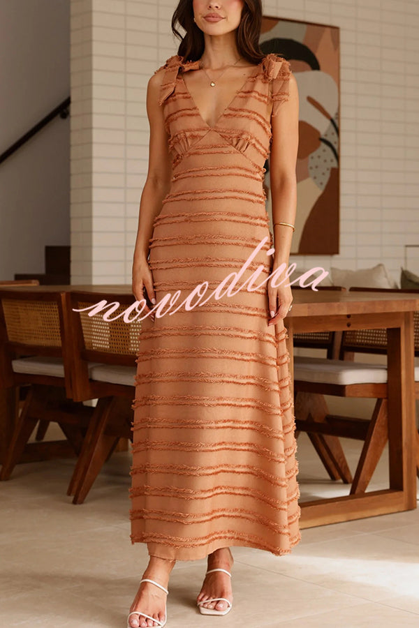Solid Color V-neck Elegant Sling Lace Up Vacation Maxi Dress