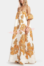 Floral Print Suspenders Puff Sleeves Loose Pocket Holiday Maxi Dress