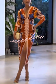 Bahamas Unique Print Dolman Long Sleeve Ruched Slit Midi Dress