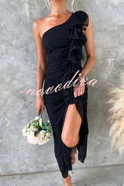 Fashion One-shoulder Pleated Sexy High Slit Slim Dress